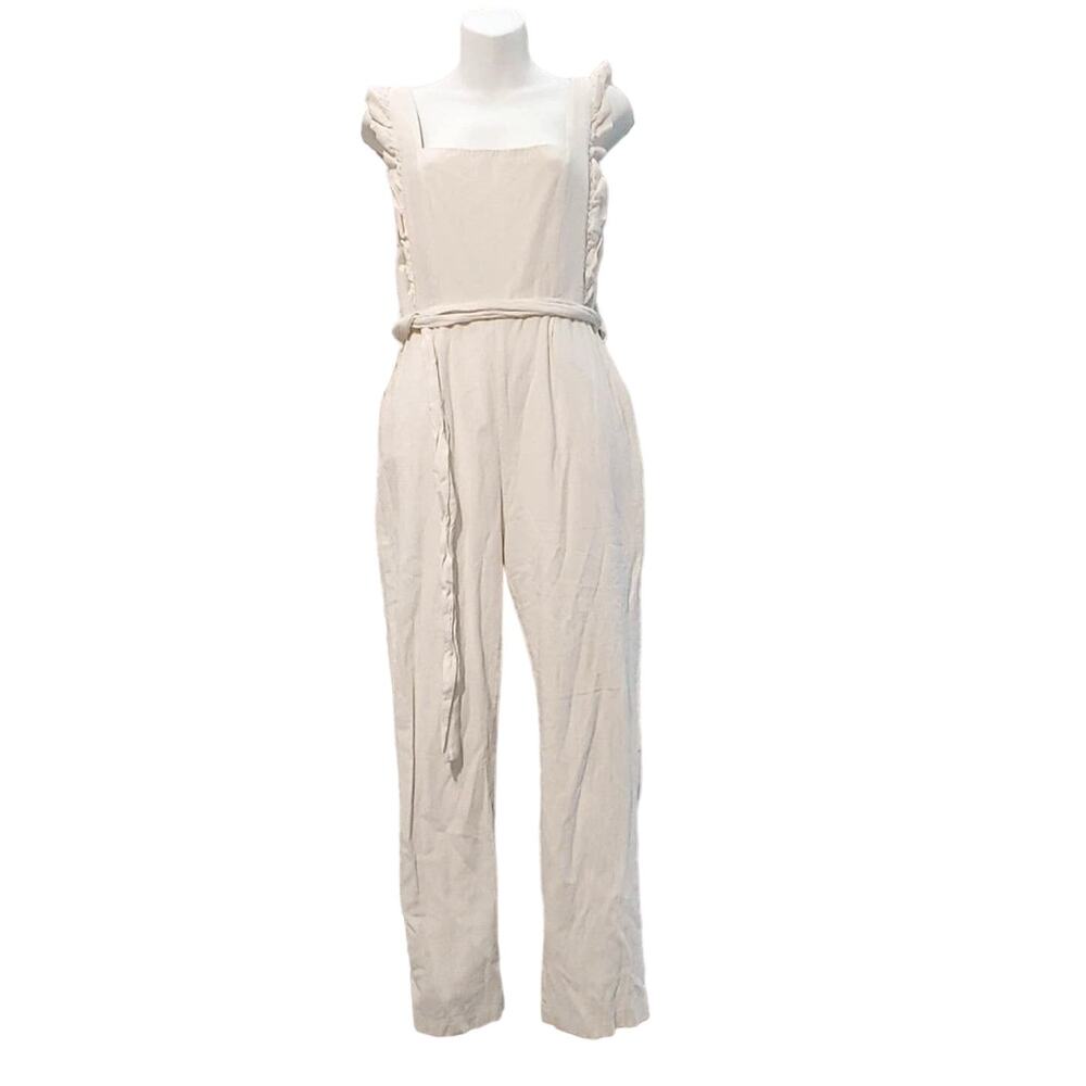Saint + Secrets Linen Ruffle Apron Front Jumpsuit Tie Waist Soft White Womens L